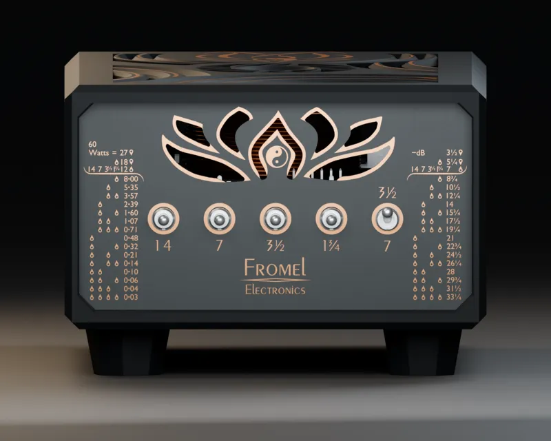 The switch panel, straight on: five toggles under the copper lotus, the watts table on the left, the dB table on the right