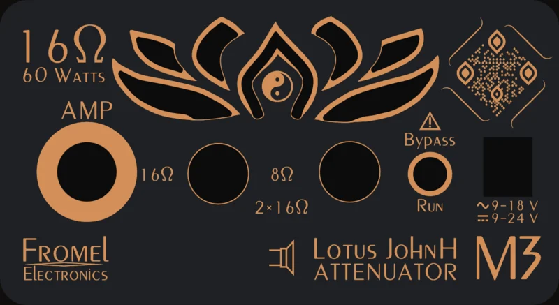 The back panel of the 16 ohm, 60 watt model: Amp jack, speaker outputs lettered for 16 ohms, Bypass and Run, EXT Power jack, QR code and the copper lotus