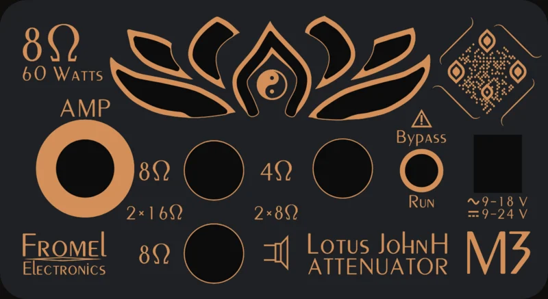 The back panel of the 8 ohm, 60 watt model: Amp jack, speaker outputs lettered for 8 ohms, Bypass and Run, EXT Power jack, QR code and the copper lotus